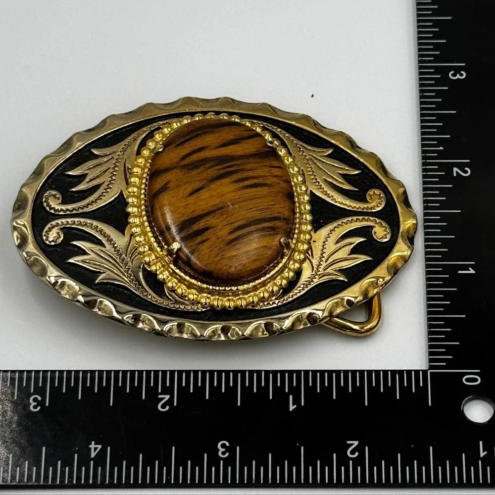 Myrtlewood Tiger Wood Style Gold Tone Western Scroll Belt Buckle‎ Oval